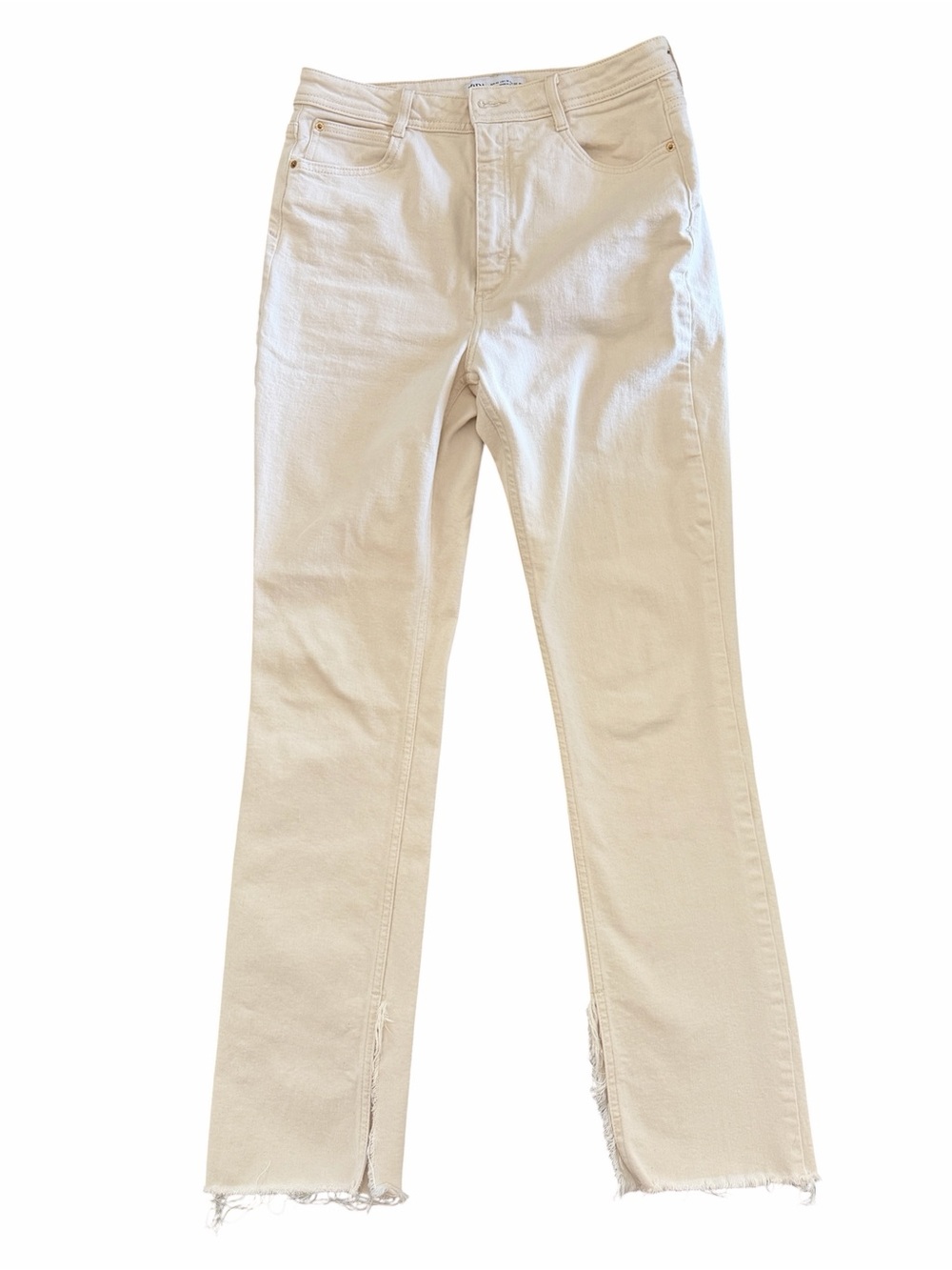 Zara Cream Wide-Leg Jeans with Raw Hem and Side Slits size 10